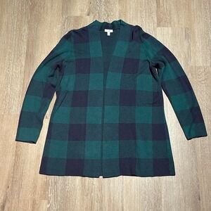 Talbots M Petites Green‎ Navy Buffalo Plaid Open Front Knit Cardigan Sweater EUC